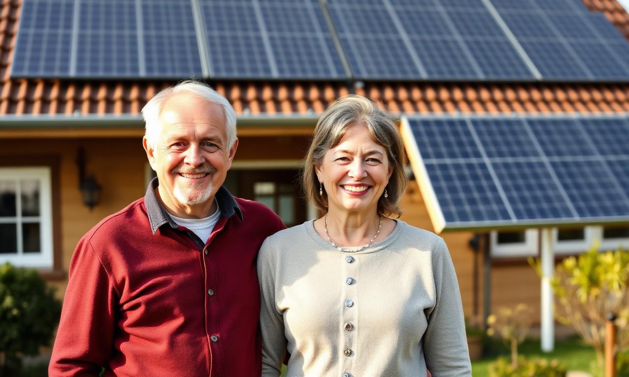 Zufriedenes deutsches Ehepaar vor seinem Haus mit Solaranlage