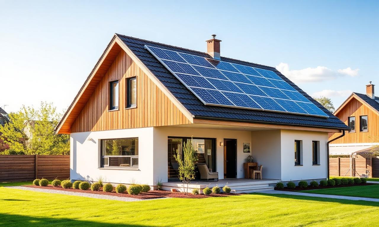 Modernes Einfamilienhaus mit Solaranlage auf dem Dach in Bayern