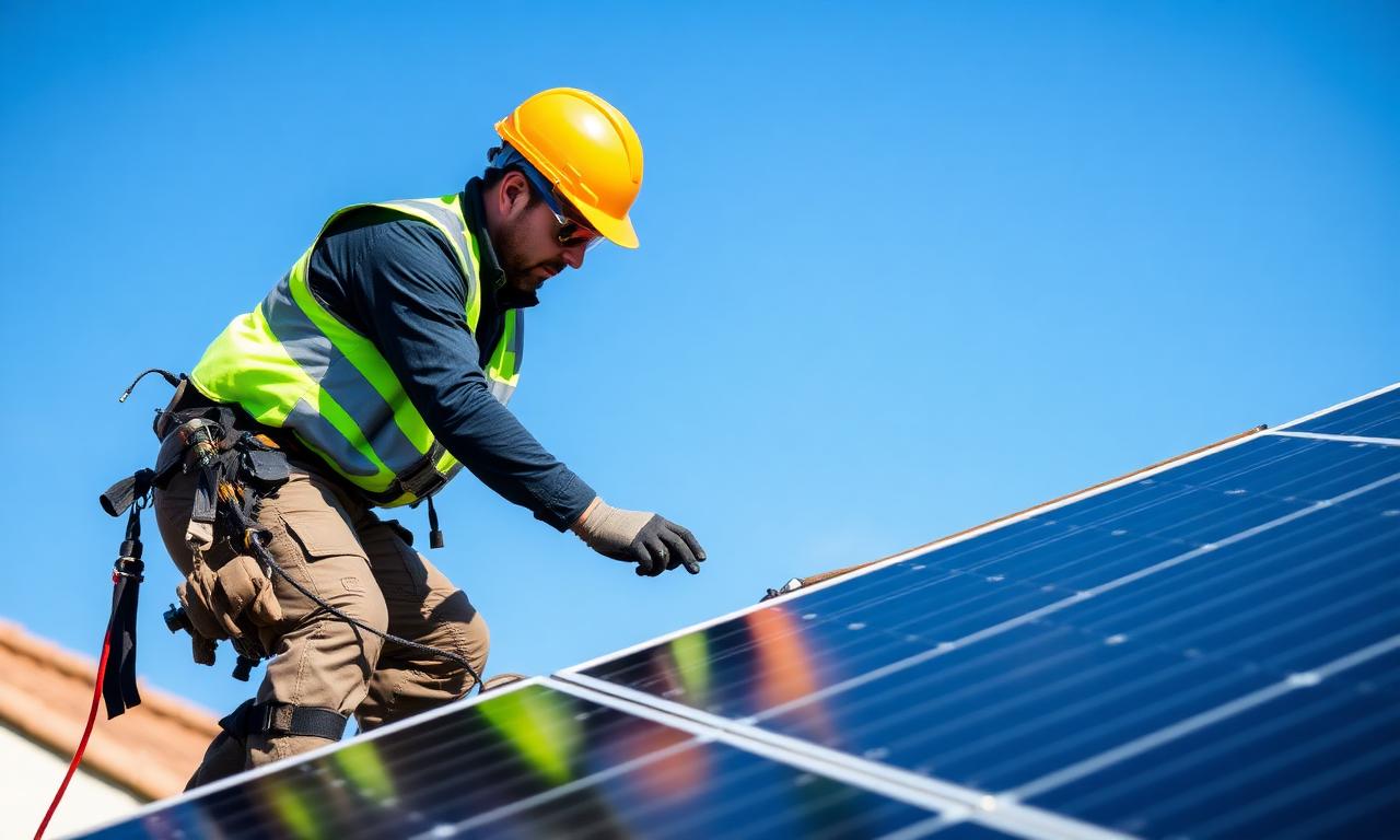 Techniker installiert Solarmodule auf einem Wohnhaus